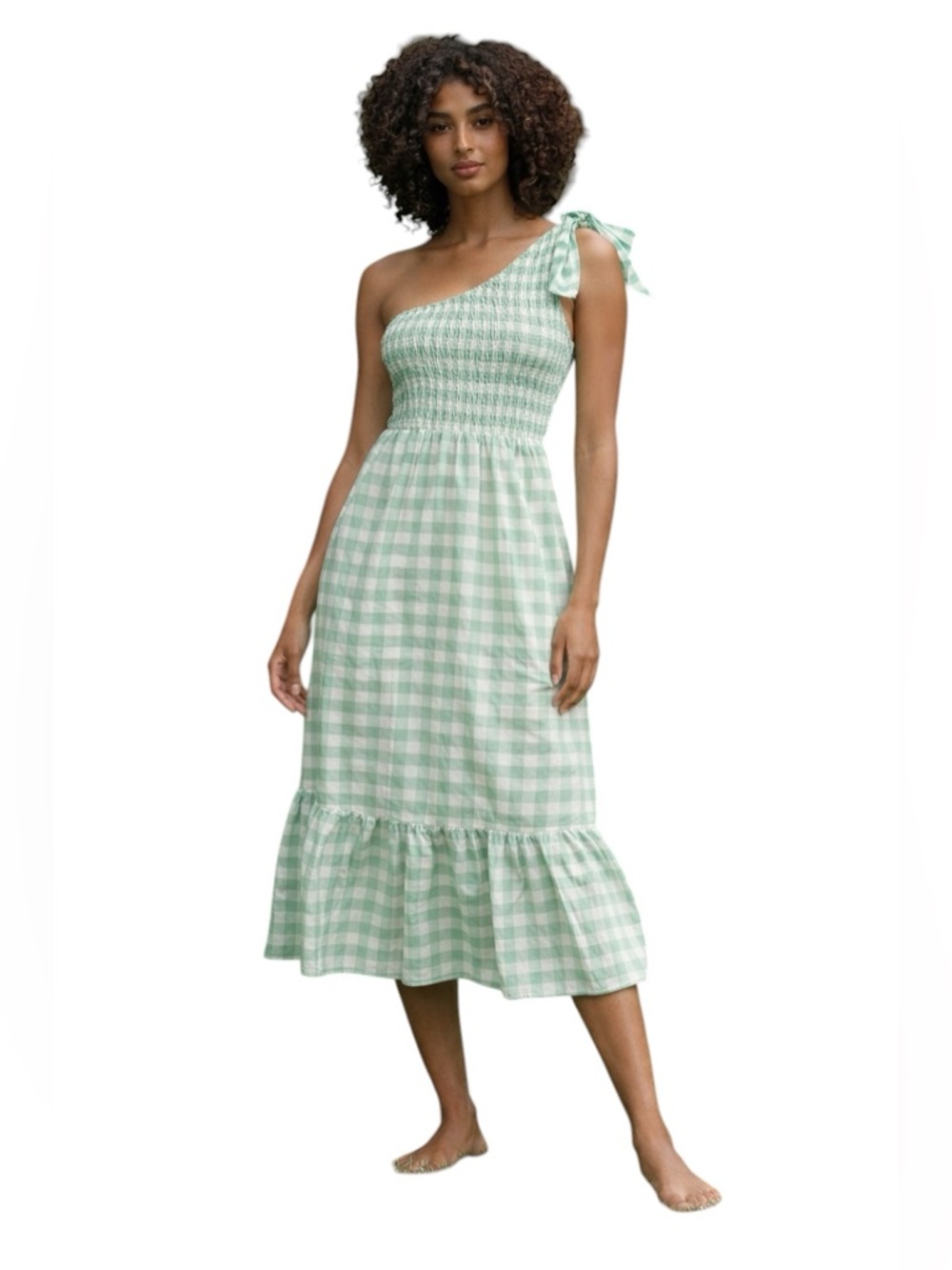 #153 🌷Mint Green Gingham One Shoulder | Midi Dress | Tie Strap Smocked | Size S